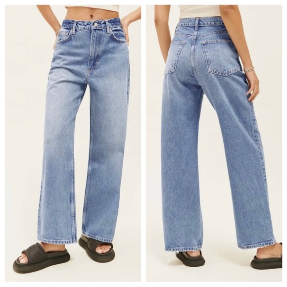 Reformation Denim - Reformation Jeans Wilder High Rise Wide Leg Cropped Jeans Faded Whiskering Blue